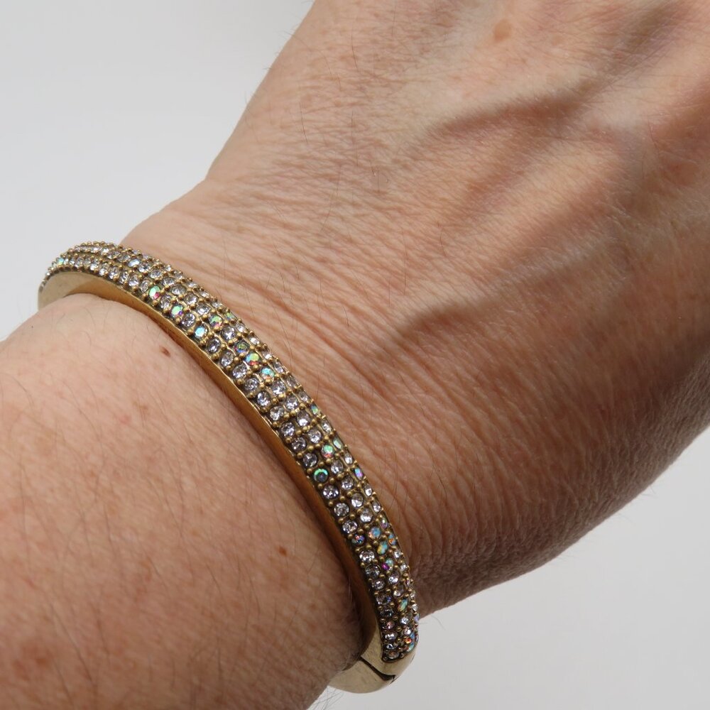 J.Crew Rhinestone Yellow Gold Tone Hinged Bracelet - Picture 2 of 10